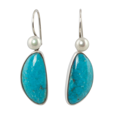 Cultured pearl and turquoise dangle earrings, 'Blue Sky Dreams' - Natural Turquoise and Pearl Mexican Earrings