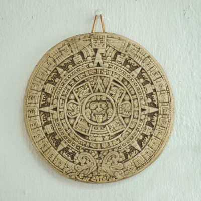 Ceramic plaque, 'Small Beige Aztec Calendar' - Ceramic plaque