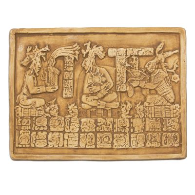 Ceramic wall plaque, 'Maya Coronation in Ochre' - Fair Trade Maya Archaeological Replica Ceramic Plaque