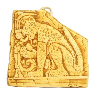 Ceramic wall plaque, 'Mighty Maya Jaguar in Ochre' - Handcrafted Ceramic Wild Cat Plaque