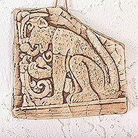 Ceramic wall plaque, 'Mighty Maya Jaguar in Beige' - Mexico Archaeology Handcrafted Ceramic Wild Cat Plaque