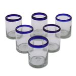 Handblown juice glasses, 'Cobalt Classics' (set of 6) - Blue-Rimmed Hand Blown Glass  (Set of 6)