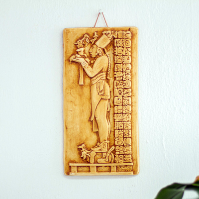 Ceramic wall panel, 'Maya Priest's Offerings' - Palenque Mayan Priest Handmade Ceramic Replica Wall Panel