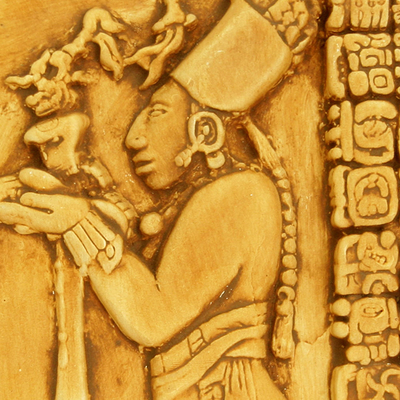 Panel de pared cerámico, 'Ofrendas del Sacerdote Maya' - Panel de pared réplica de cerámica hecha a mano del sacerdote maya de Palenque