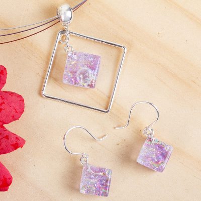 Dichroic art glass jewelry set, 'Dancing Diamond' - Modern Art Glass Pendant jewellery Set