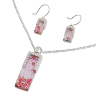 Dichroic art glass jewelry set, 'Cherry Crush' - Dichroic art glass jewelry set