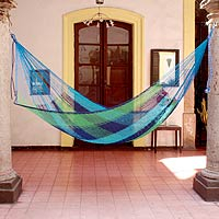 Cotton hammock, 'Ocean Dreams' (double) - Fair Trade Mexican Cotton Striped Mayan Hammock (Double)