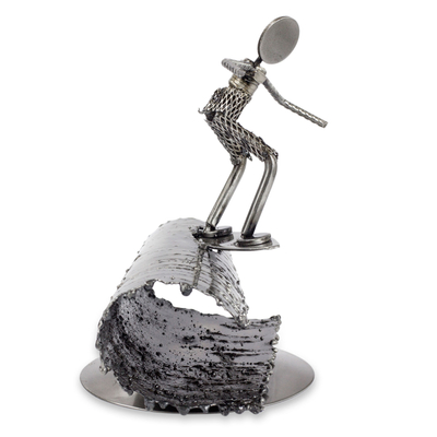 Auto part statuette, 'Rustic Surfer' - Hand Crafted Mexican Recycled Metal and Cart Parts Sculpture