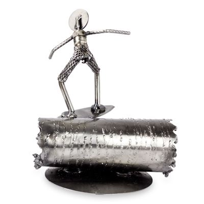 Auto part statuette, 'Rustic Surfer' - Hand Crafted Mexican Recycled Metal and Cart Parts Sculpture