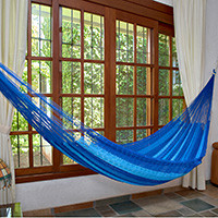 Hammock, 'Blue Caribbean' (single) - Hand-Woven Restful Hammock