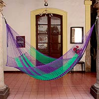 Hammock, 'Green Vineyard' (single) - Mexico Handmade Mayan Rope Style Single Nylon Hammock