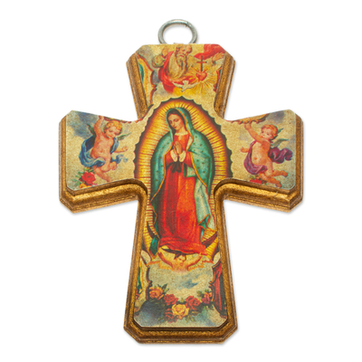 Cruz de decoupage, 'Guadalupe, Reina del Cielo' - Cruz de madera cristiana hecha a mano artesanalmente