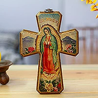 Decoupage-Kreuz, „Jungfrau von Guadalupe: Königin von Mexiko“ – Decoupage-Kreuz