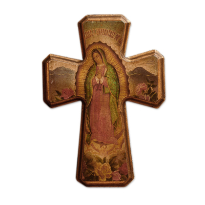 Cruz de decoupage, 'Virgen de Guadalupe: Reina de México' - cruz de decoupage
