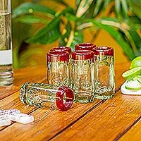 Blown glass tequila glasses, 'Ruby Shot' (set of 6) - Hand Blown Tequila Glasses Set of 6 Red Rim Mexico