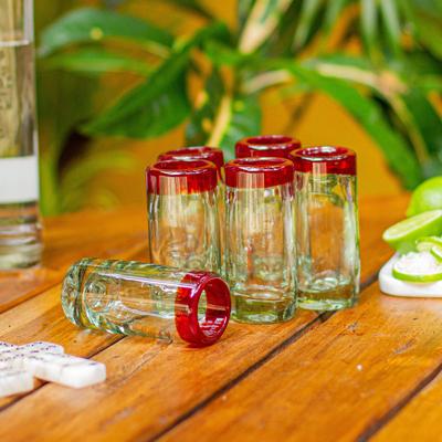 Blown glass tequila glasses, 'Ruby Shot' (set of 6) - Hand Blown Tequila Glasses Set of 6 Red Rim Mexico