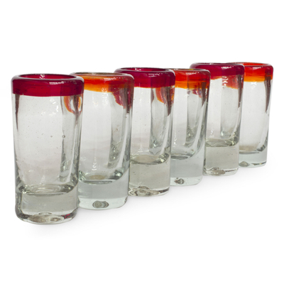 Blown glass tequila glasses, 'Ruby Shot' (set of 6) - Hand Blown Tequila Glasses Set of 6 Red Rim Mexico