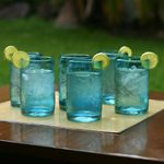 Etched glasses, 'Aquamarine Flowers' (set of 6) - Fair Trade Mexican Handblown Glass Recycled Blue Tumblers