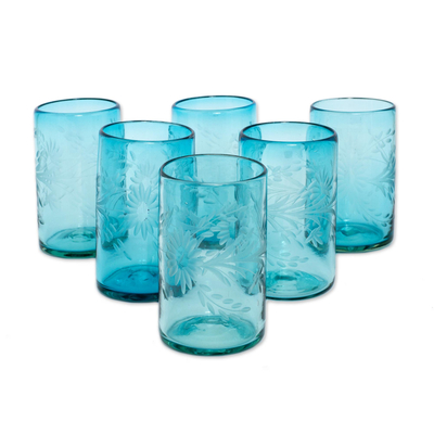 Etched glasses, 'Aquamarine Flowers' (set of 6) - Fair Trade Mexican Handblown Glass Recycled Blue Tumblers