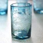 Etched glasses, 'Aquamarine Flowers' (set of 6) - Fair Trade Mexican Handblown Glass Recycled Blue Tumblers