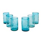 Etched glasses, 'Aquamarine Flowers' (set of 6) - Fair Trade Mexican Handblown Glass Recycled Blue Tumblers