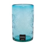Etched glasses, 'Aquamarine Flowers' (set of 6) - Fair Trade Mexican Handblown Glass Recycled Blue Tumblers