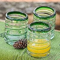 Tumblers, 'Emerald Spiral' (set of 6) - Handcrafted Handblown Glass Recycled Striped Juice Drinkware