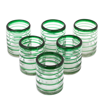 Tumblers, 'Emerald Spiral' (set of 6) - Handcrafted Handblown Glass Recycled Striped Juice Drinkware
