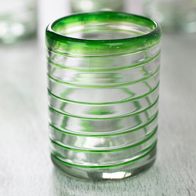 Tumblers, 'Emerald Spiral' (set of 6) - Handcrafted Handblown Glass Recycled Striped Juice Drinkware