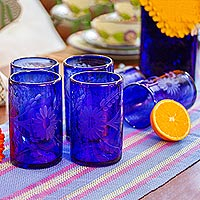 Etched drinking glasses, 'Blue Blossoms' (set of 6)