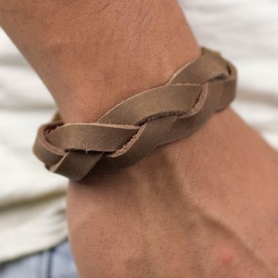 Men's leather wristband bracelet, 'Honey Braid' - Men's Leather Wristband Bracelet