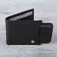 Cartera de piel, 'Nocturnal Trail Blazer' - Cartera de hombre de piel negra con tarjetero extraíble