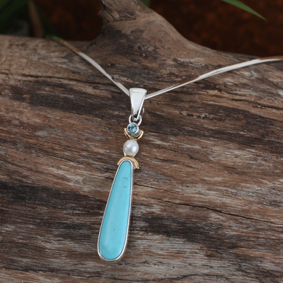 Pearl and turquoise choker, 'Wishes' - Sterling Silver and Natural Turquoise Necklace
