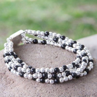 Obsidian beaded bracelet, 'Midnight Tears' - Handcrafted Women's Taxco Silver and Onyx Beaded Bracelet