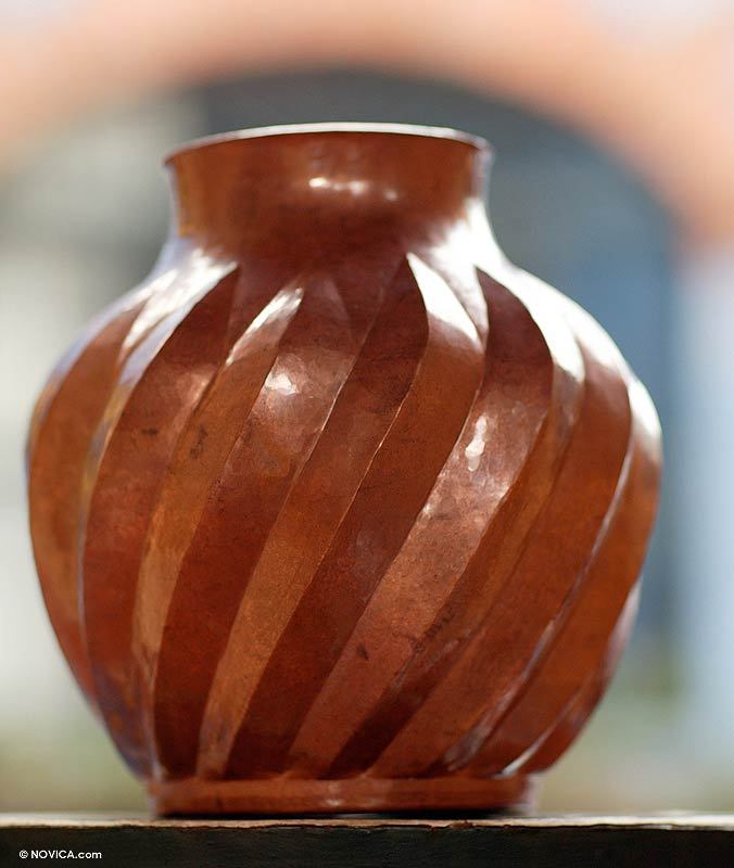 Mexican Decorative Hammered Copper Vase Hand Made Ripples NOVICA