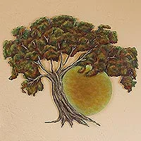 Wandkunst aus Stahl, „Sunset Oak“ – Eiche bei Sonnenuntergang, handgefertigte Wandkunst aus Stahl aus Mexiko