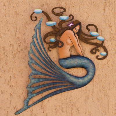 Arte de pared de acero, 'Sirena tímida' - Escultura de pared de acero hecha a mano
