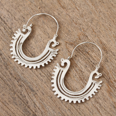 Sterling silver hoop earrings, 'The Plumed Serpent' (2 inch) - Unique Sterling Silver Hoop Earrings