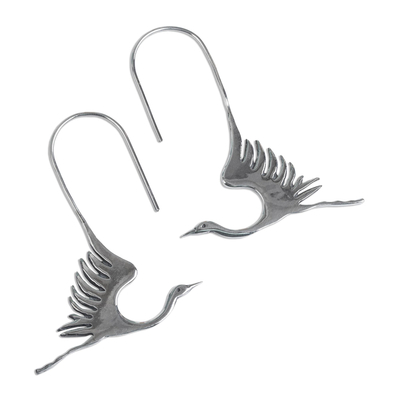 Sterling silver drop earrings, 'White Heron' - Hand Crafted Sterling Silver Bird Earrings