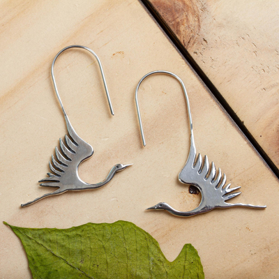 Sterling silver drop earrings, 'White Heron' - Hand Crafted Sterling Silver Bird Earrings