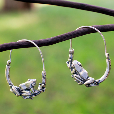 Sterling silver hoop earrings, 'Tree Frogs' - Sterling silver hoop earrings