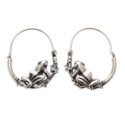 Sterling silver hoop earrings, 'Tree Frogs' - Sterling silver hoop earrings