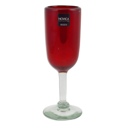 Blown glass champagne flutes, 'Festive Ruby' (set of 4) - Hand Made Handblown Red Glass Champagne Flute Drinkware Set
