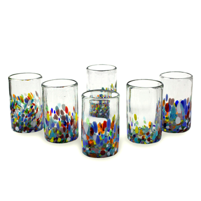 Blown glass tumblers, 'Confetti Festival' (set of 6) - Handblown Recycled Glass Tumbler Drinkware (Set of 6)