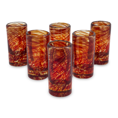 Blown glass shot glasses, 'Ripe Ruby' (set of 6) - Mexico Red Handblown Glass Recycled Shot Drinkware Set of 6