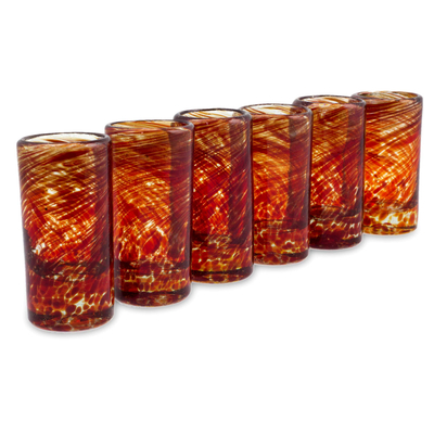 Blown glass shot glasses, 'Ripe Ruby' (set of 6) - Mexico Red Handblown Glass Recycled Shot Drinkware Set of 6