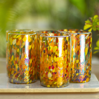 Vasos de vidrio soplado, (juego de 6) - Juego de 6 vasos de vidrio soplado a mano multicolor México