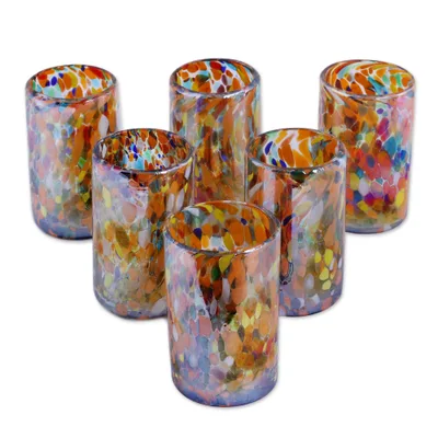 Blown glass tumblers, 'Carnival' (set of 6) - Multicolor Hand Blown Glasses Tumblers Set of 6 Mexico