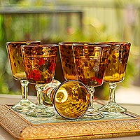 Wine glasses, 'Tortoise Shell' (set of 6) - Fair Trade Handblown Wine Glasses Set of 6 Mexico