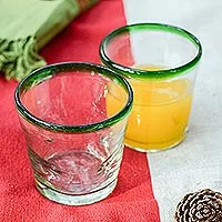 Handblown juice glasses, 'Emerald Rim' (set of 6) - Eco-Friendly Recycled Glass Tumbler Set from Mexico